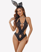 Deep V Halter Lace Bodysuit Teddy One Piece