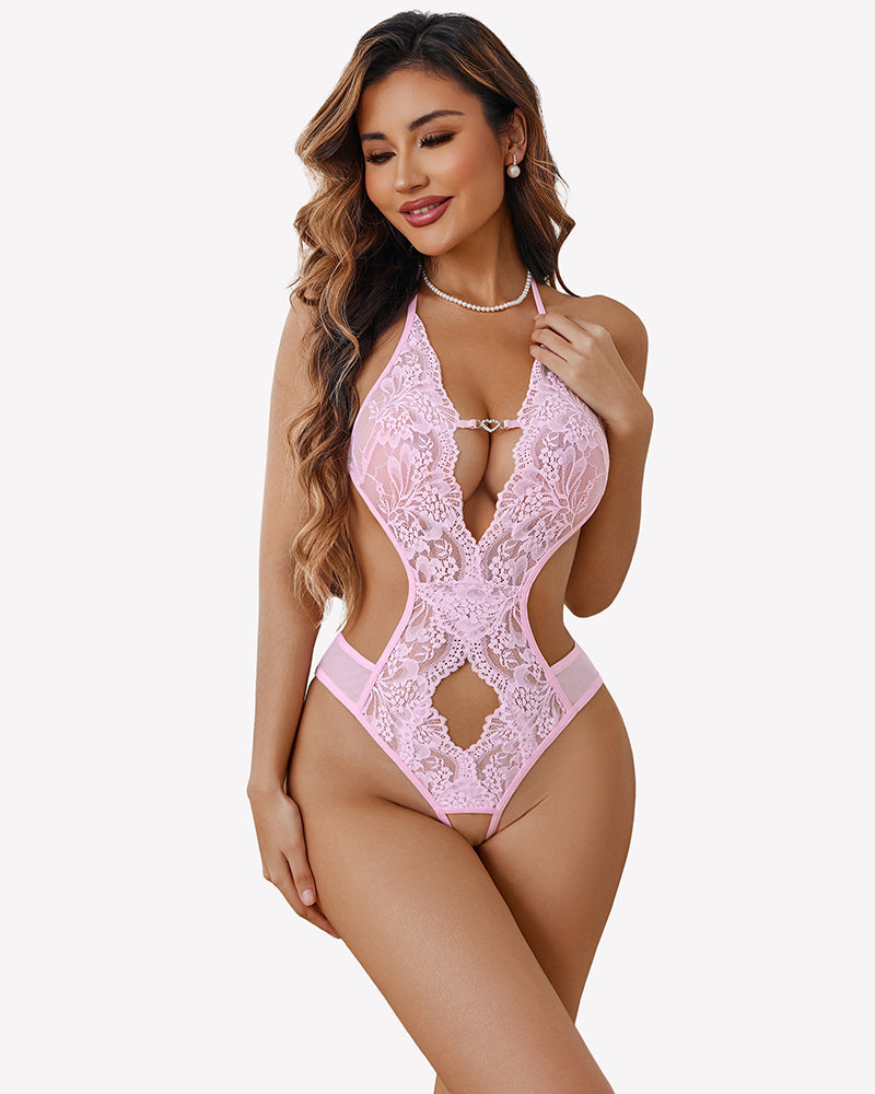 Deep V Halter Lace Bodysuit Teddy One Piece