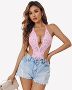 Deep V Halter Lace Bodysuit Teddy One Piece