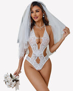 Deep V Halter Lace Bodysuit Teddy One Piece