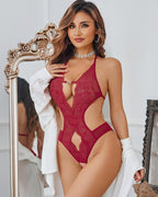 Deep V Halter Lace Bodysuit Teddy One Piece