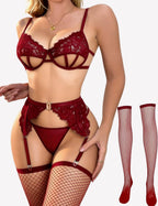 Cut Out Bra, Panty, Garter with Fishnet Stockings