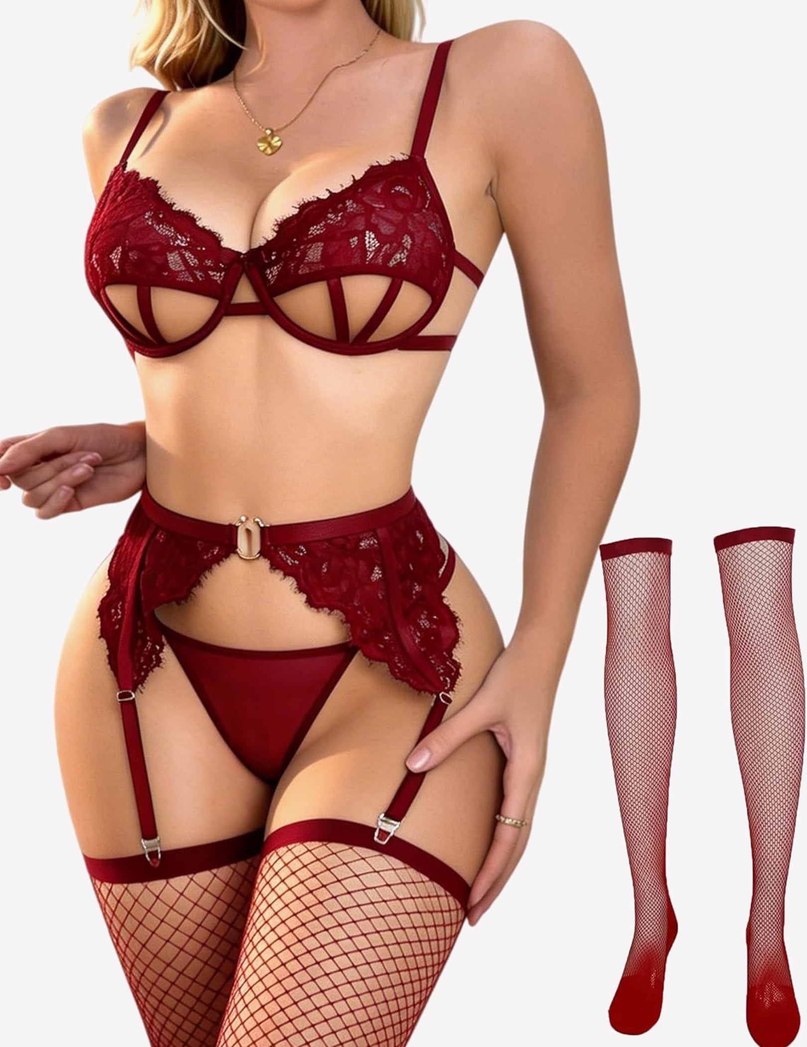 Cut Out Bra, Panty, Garter with Fishnet Stockings