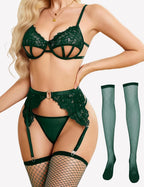 Cut Out Bra, Panty, Garter with Fishnet Stockings