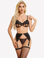 Cut Out Bra, Panty, Garter with Fishnet Stockings