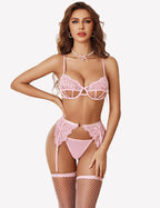 Cut Out Bra, Panty, Garter with Fishnet Stockings