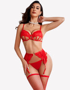 Cut Out Bra, Panty, Garter with Fishnet Stockings