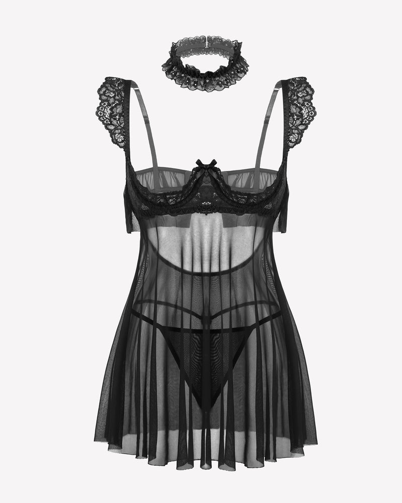 Lace Babydoll Lingerie Dress Underwire Sheer Mesh