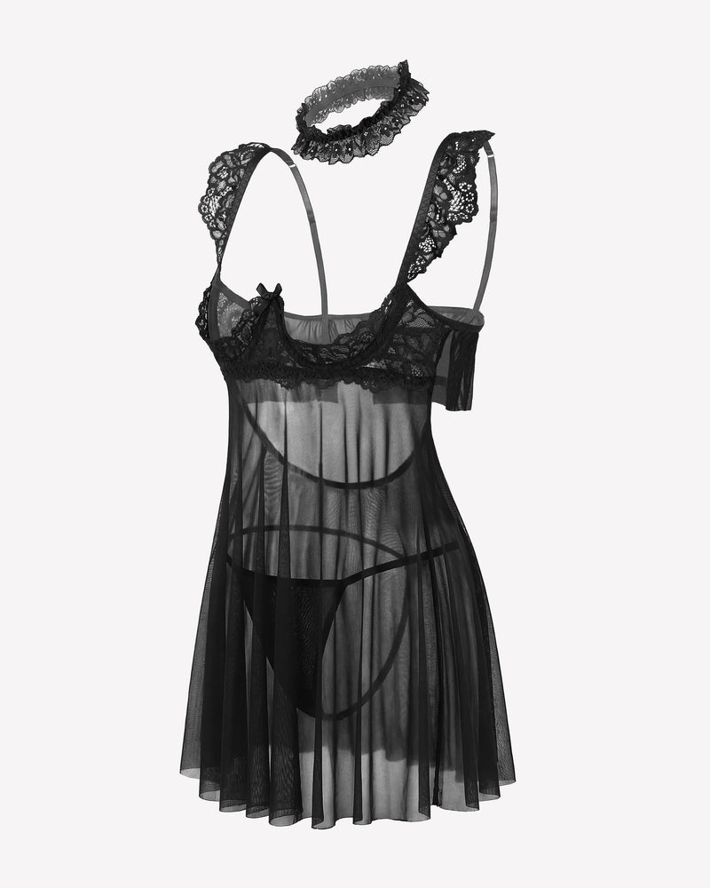 Lace Babydoll Lingerie Dress Underwire Sheer Mesh
