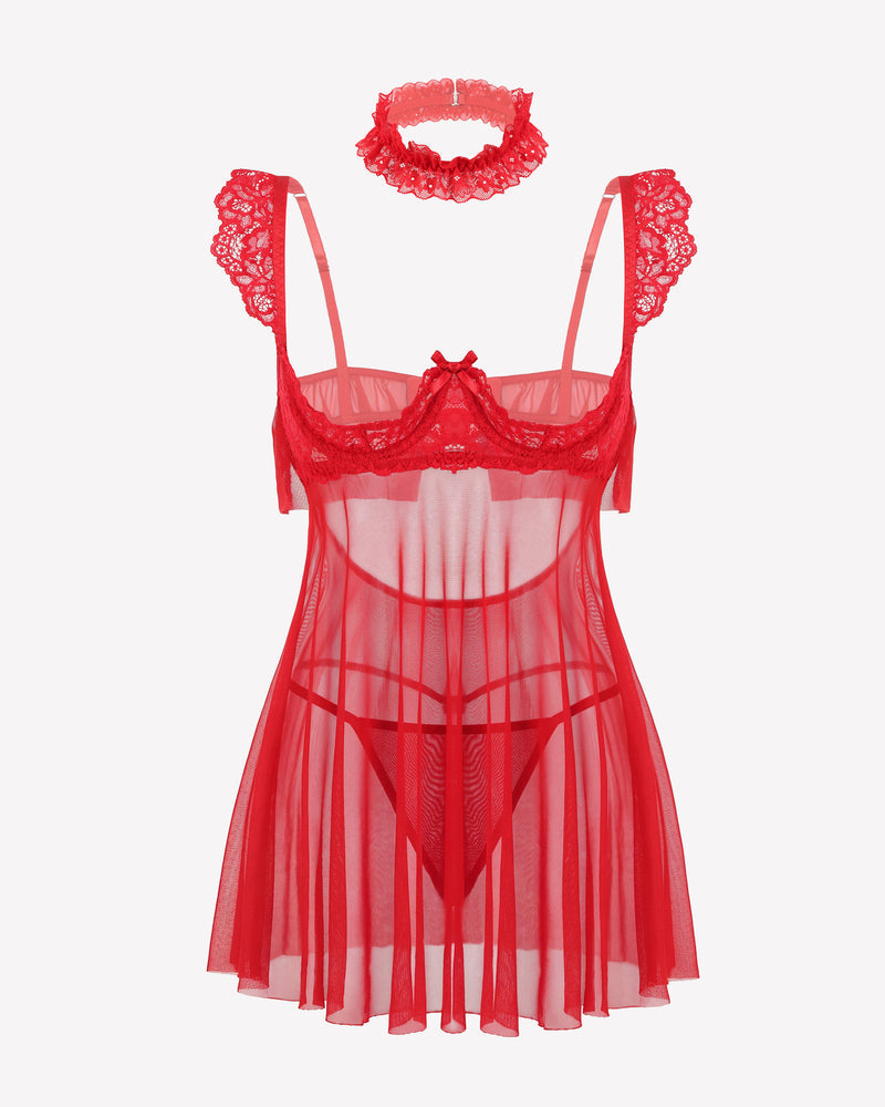 Lace Babydoll Lingerie Dress Underwire Sheer Mesh