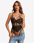 Sheer Mesh Lace Bodysuit V Neck Teddy Lingerie