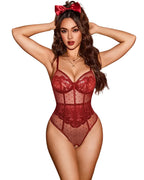 Sheer Mesh Lace Bodysuit V Neck Teddy Lingerie