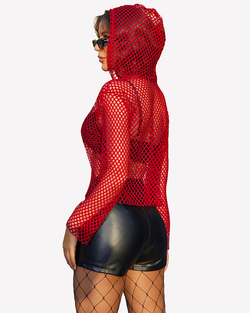 Fishnet Top Hoodie Long Sleeve Mesh Shirt
