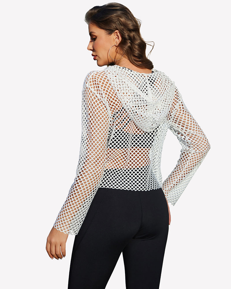 Fishnet Top Hoodie Long Sleeve Mesh Shirt