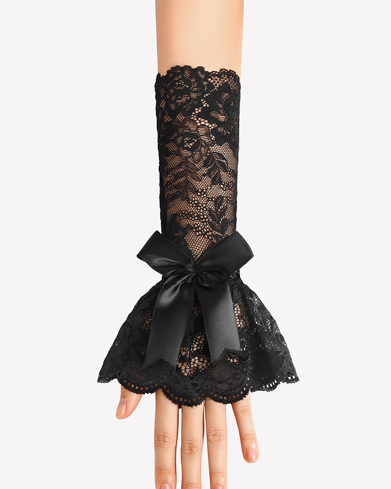 Ruffle Bow Lace Gloves Fingerless Mid Elbow Sleeve Costume