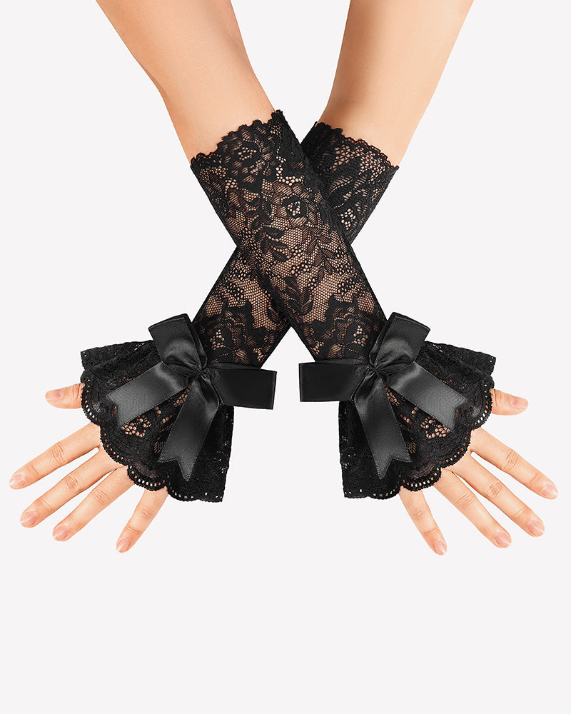 Ruffle Bow Lace Gloves Fingerless Mid Elbow Sleeve Costume