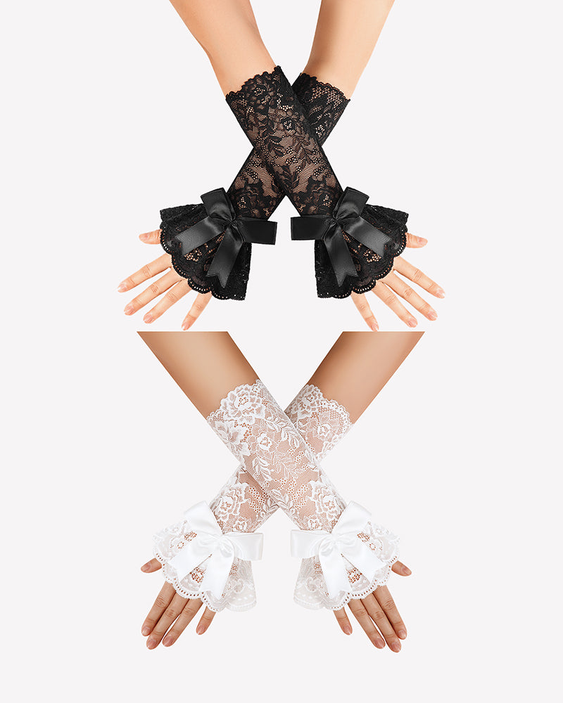 Ruffle Bow Lace Gloves Fingerless Mid Elbow Sleeve Costume
