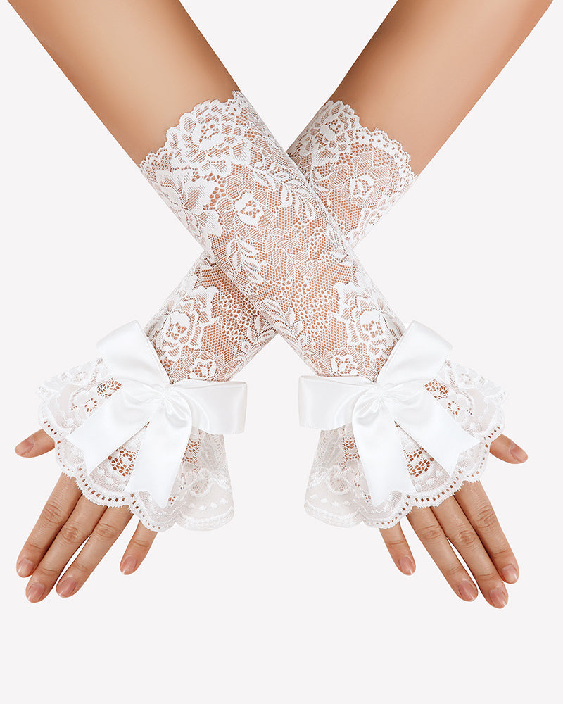 Ruffle Bow Lace Gloves Fingerless Mid Elbow Sleeve Costume