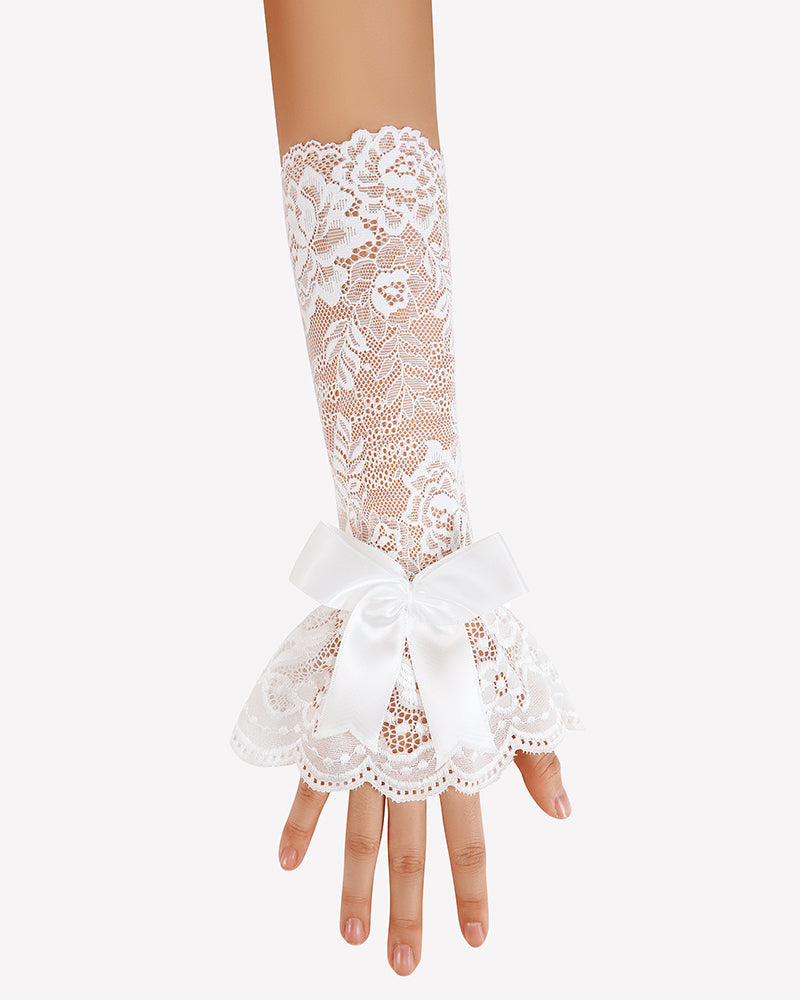 Ruffle Bow Lace Gloves Fingerless Mid Elbow Sleeve Costume