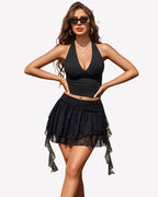 Lace Layered Mini Skirt Pleated Ruffle Flowy Skort