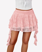 Lace Layered Mini Skirt Pleated Ruffle Flowy Skort