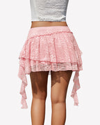Lace Layered Mini Skirt Pleated Ruffle Flowy Skort