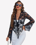 Sheer Lace Bell Sleeve Tie-Front Bolero Shrug