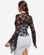 Sheer Lace Bell Sleeve Tie-Front Bolero Shrug