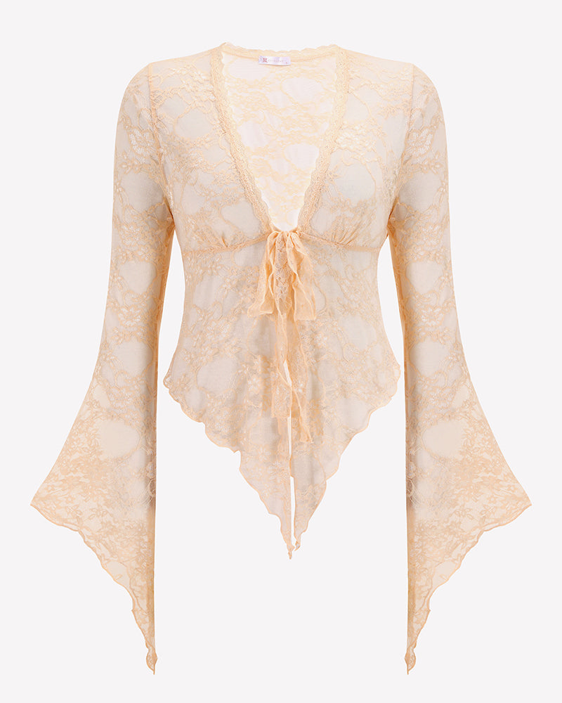 Sheer Lace Bell Sleeve Tie-Front Bolero Shrug