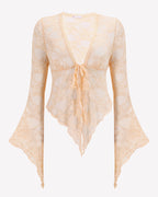 Sheer Lace Bell Sleeve Tie-Front Bolero Shrug
