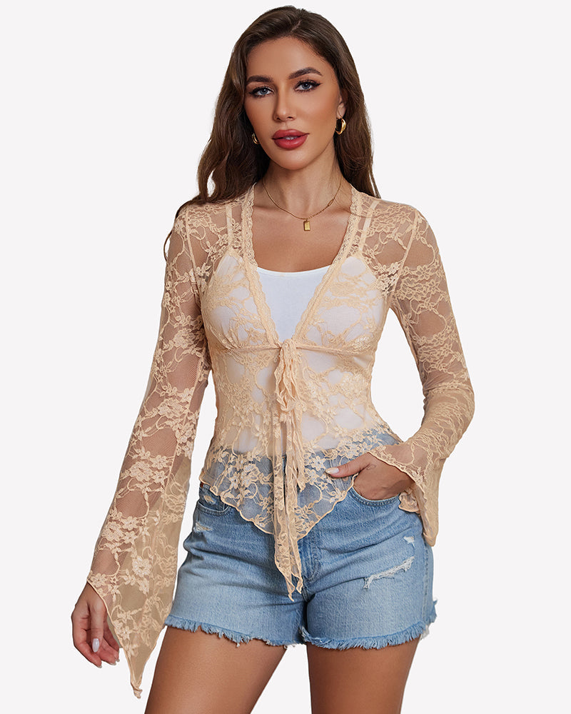 Sheer Lace Bell Sleeve Tie-Front Bolero Shrug