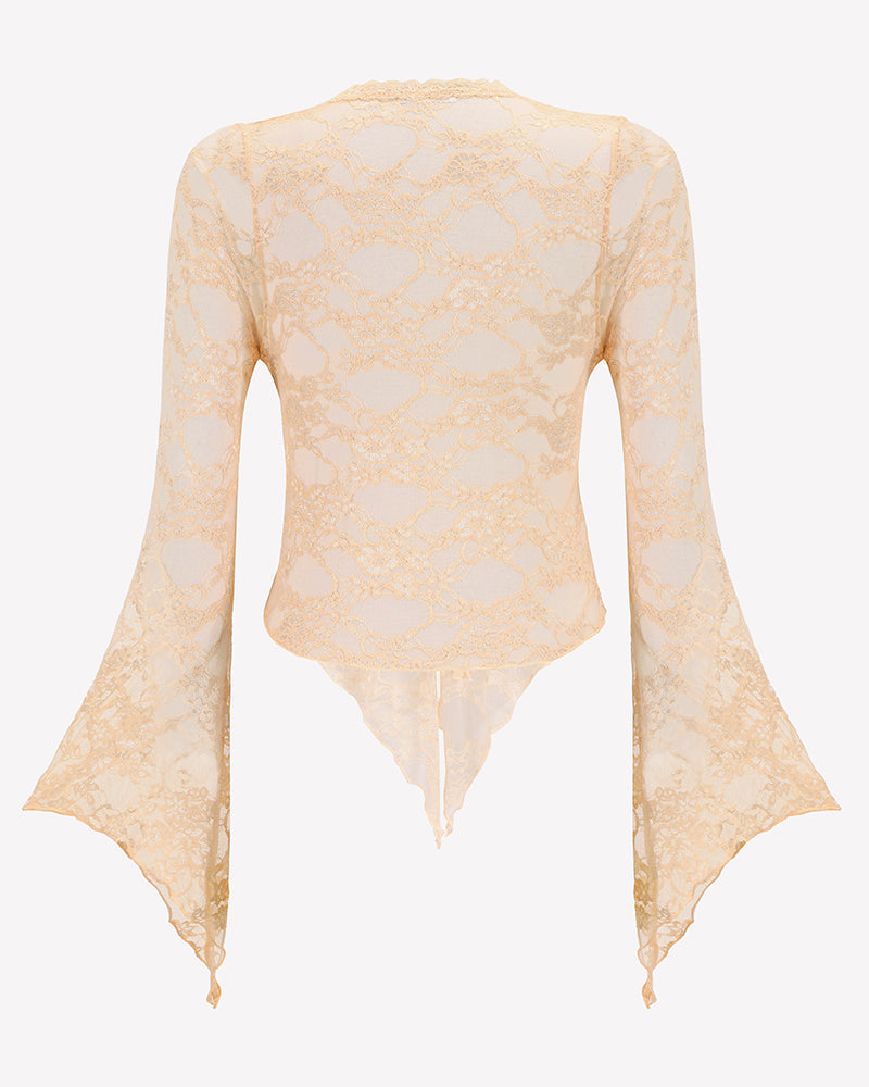 Sheer Lace Bell Sleeve Tie-Front Bolero Shrug
