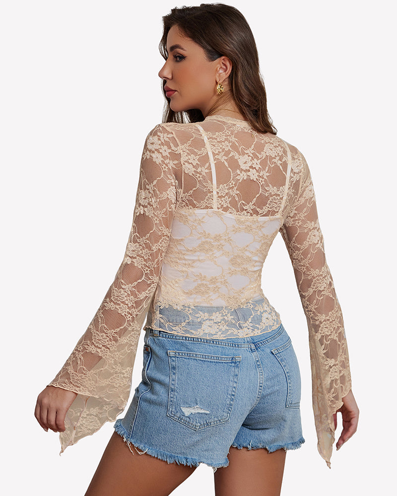 Sheer Lace Bell Sleeve Tie-Front Bolero Shrug