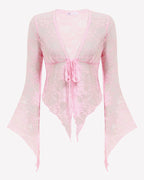 Sheer Lace Bell Sleeve Tie-Front Bolero Shrug