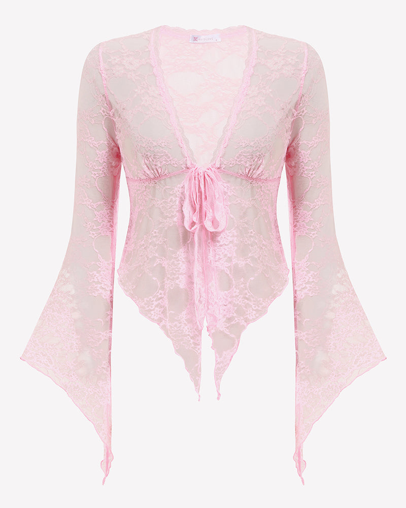 Sheer Lace Bell Sleeve Tie-Front Bolero Shrug