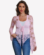 Sheer Lace Bell Sleeve Tie-Front Bolero Shrug
