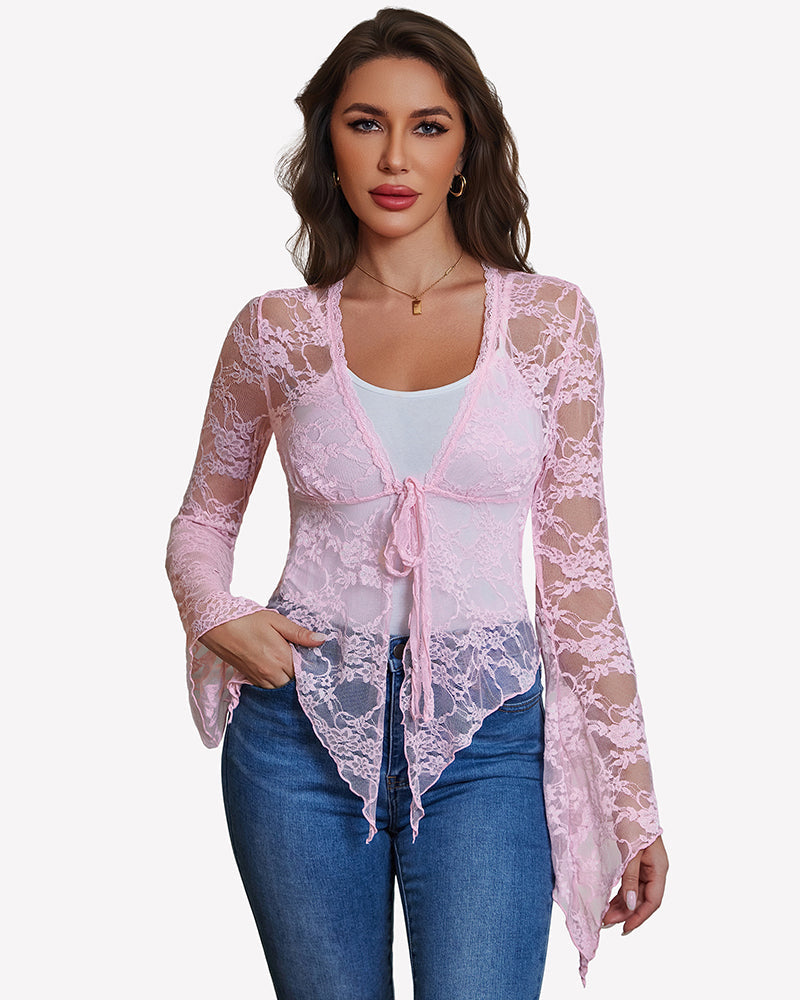 Sheer Lace Bell Sleeve Tie-Front Bolero Shrug