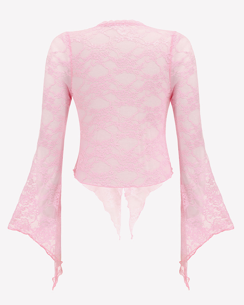 Sheer Lace Bell Sleeve Tie-Front Bolero Shrug
