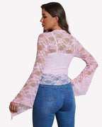 Sheer Lace Bell Sleeve Tie-Front Bolero Shrug