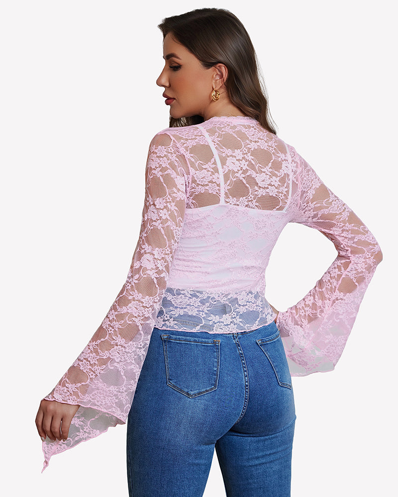 Sheer Lace Bell Sleeve Tie-Front Bolero Shrug