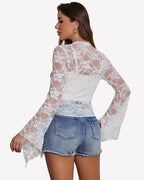 Sheer Lace Bell Sleeve Tie-Front Bolero Shrug