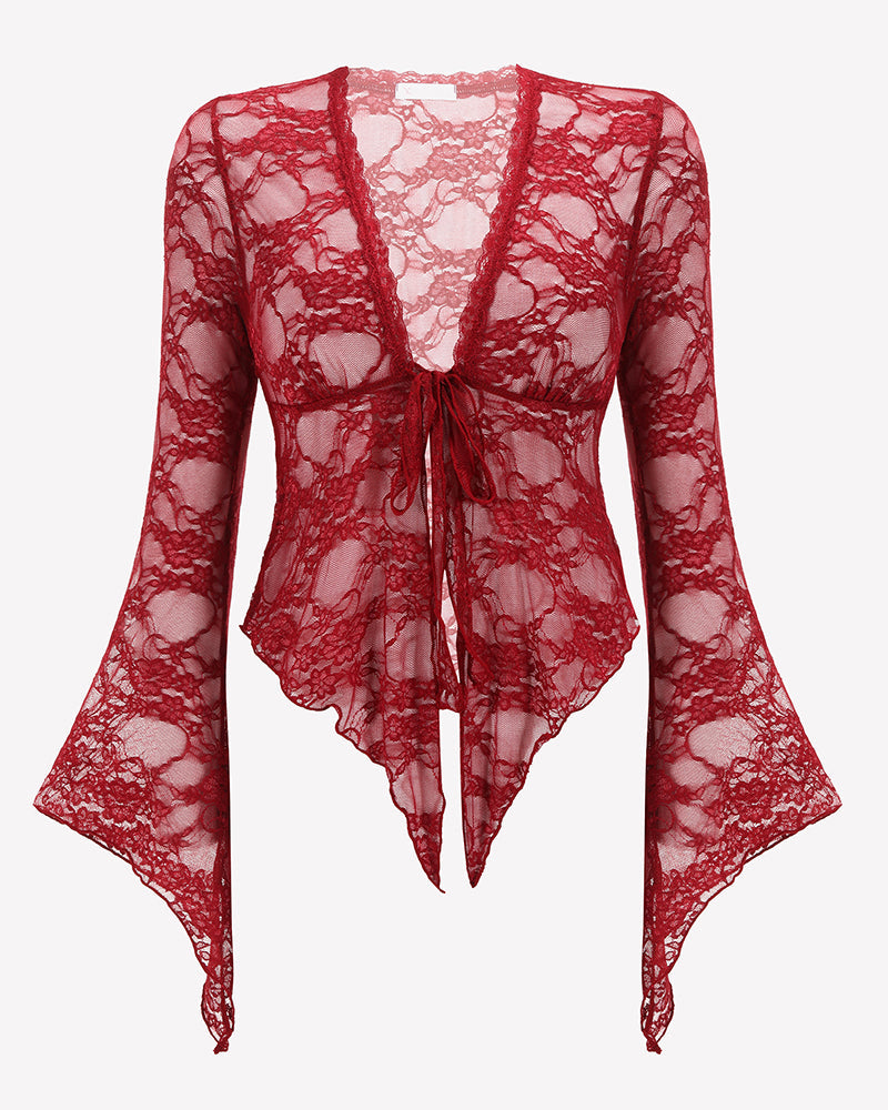 Sheer Lace Bell Sleeve Tie-Front Bolero Shrug