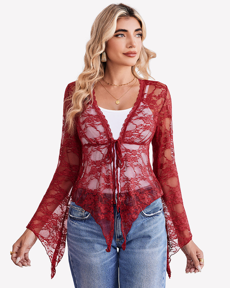 Sheer Lace Bell Sleeve Tie-Front Bolero Shrug