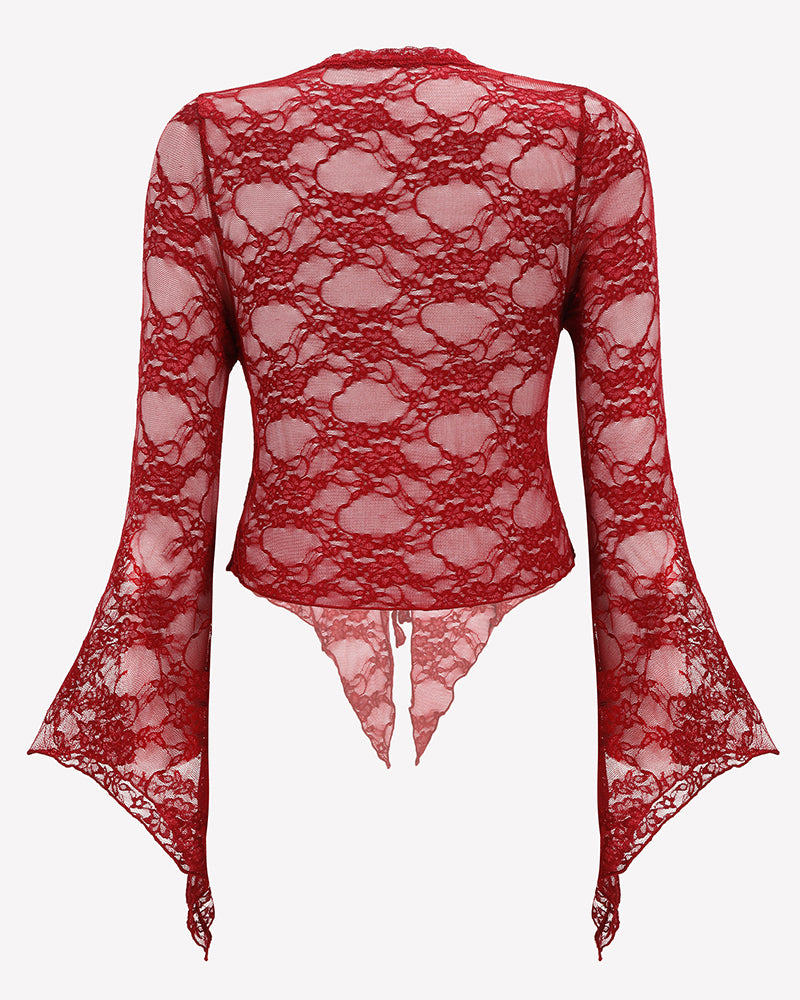 Sheer Lace Bell Sleeve Tie-Front Bolero Shrug
