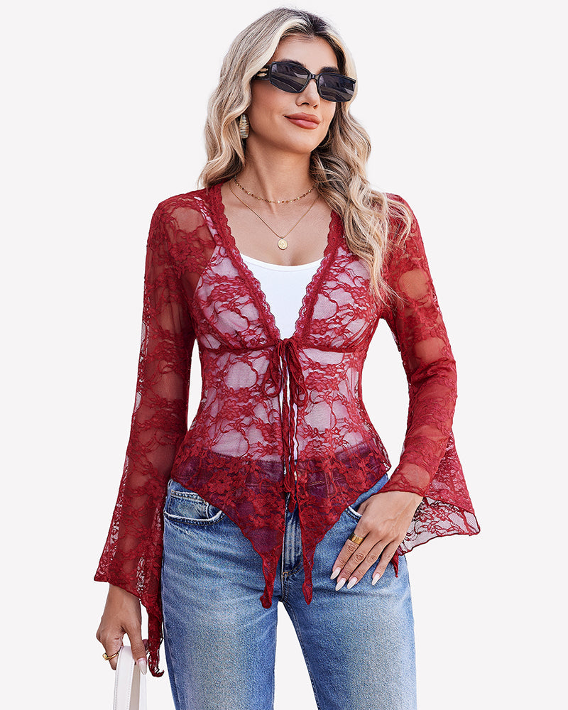 Sheer Lace Bell Sleeve Tie-Front Bolero Shrug