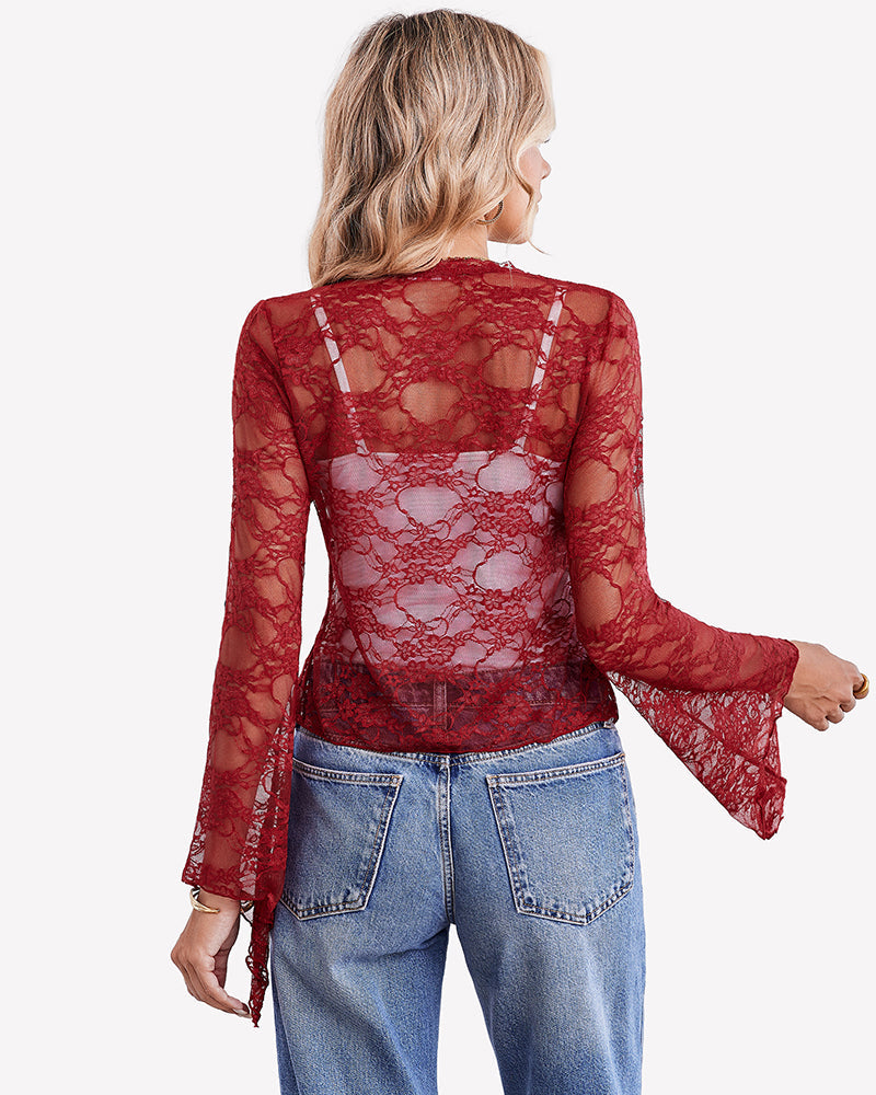 Sheer Lace Bell Sleeve Tie-Front Bolero Shrug
