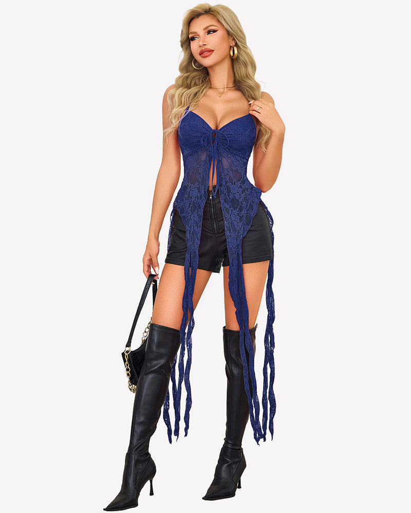 Lace Ruffle Camisole Top Open Front V Neck Going Out Top