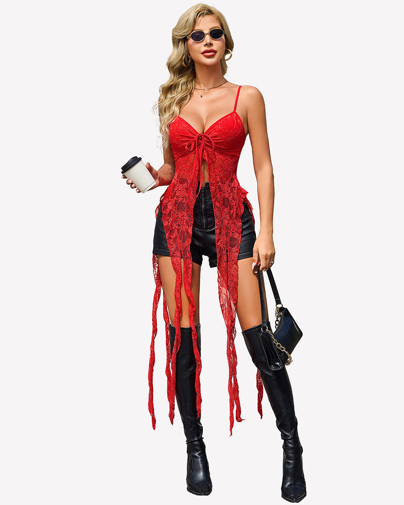Lace Ruffle Camisole Top Open Front V Neck Going Out Top