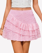 Y2K Lace Mini Skirt High Waist Ruffle A-Line Layered Skirt