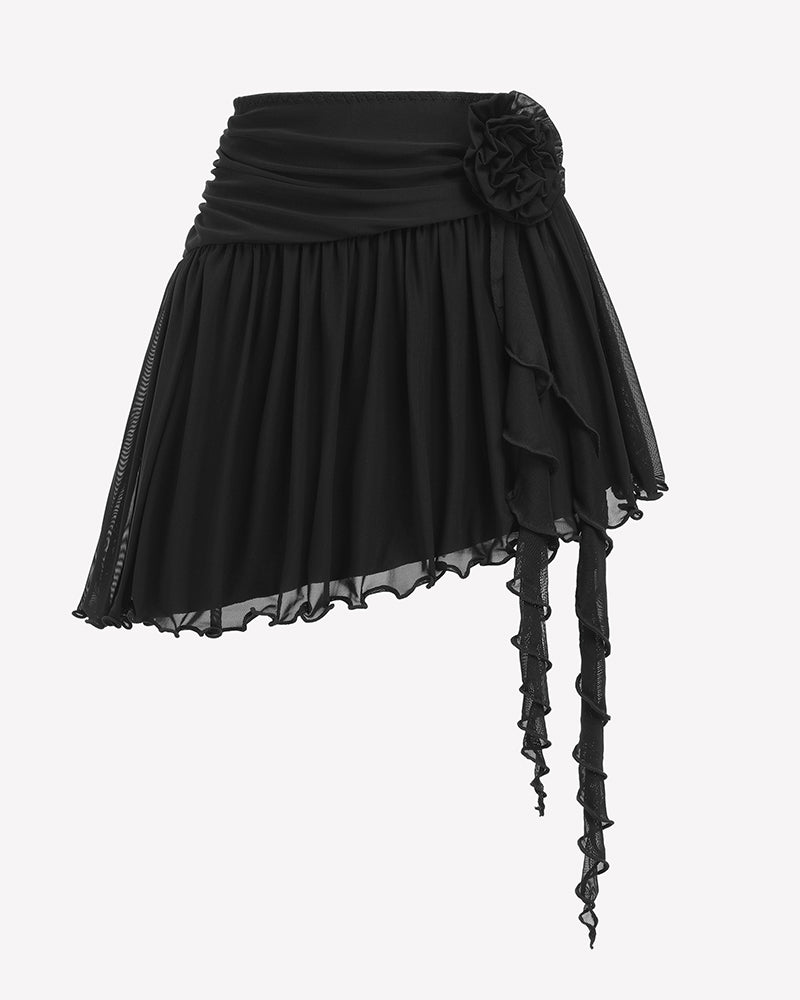 Y2K Mesh Mini Skirt 3D Flower Asymmetric Hem Flowy Skirt